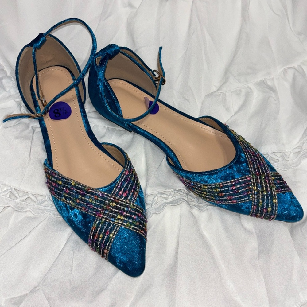 Crushed Velvet Embroidered Ankle Strap Flats